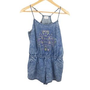 Tobi Denim Acid Wash Chambray Aztec Romper Medium